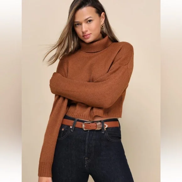Lulu’s Comfy Intentions Rust Brown Turtleneck Cropped Pullover Sweater Small NWT - Picture 1 of 9